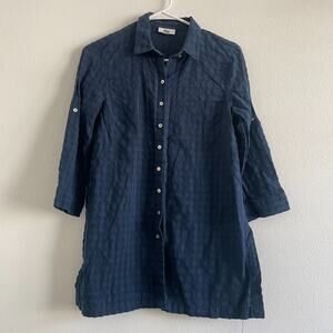 J. Jill Top Women S Blue Button Down 3/4 Sleeve Collared Tunic Seersucker Coast